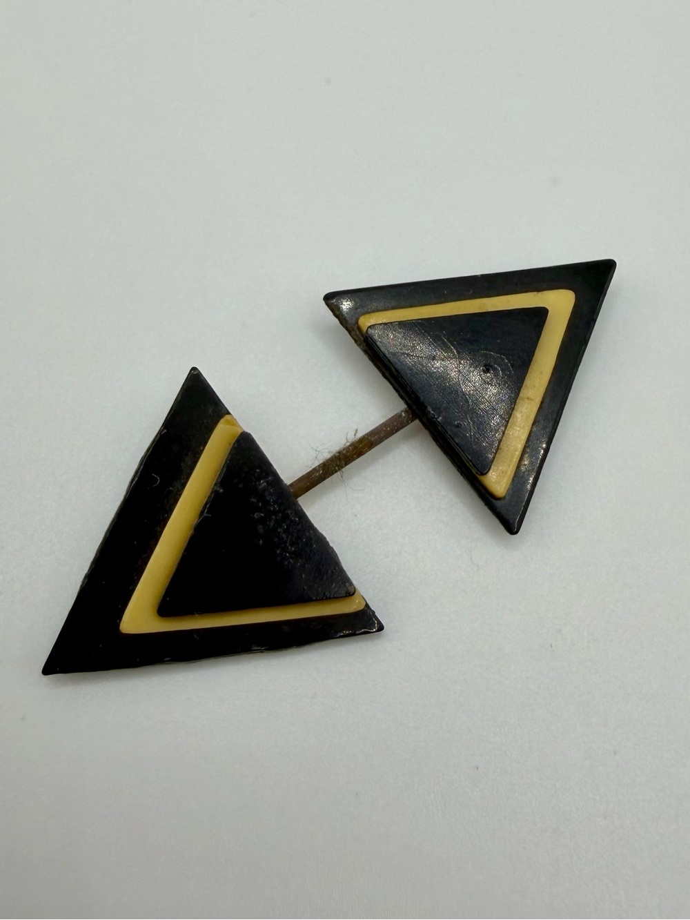 Black Cream Bakelite Geometric Triangle Double End Art Deco Jabot Vtg Layered